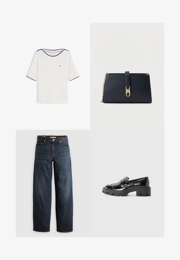 Hvid kortærmet strikket sweater med navy kant på krave og ærmer, med et lille Tommy Hilfiger-logo på brystet.; Mørkeblå denimjeans med lige ben, fem lomme-stil og kontrastsyninger samt knappelukning.; Sorte patenterede læder loafers med en chunky sort platformsål, udsmykket med metalliske nitter på forfoden og et rundt tådesign.; Marineblå læderclutch med en guldtonet remkæde og en frontlukning. Har en glat tekstur og et kantet design.