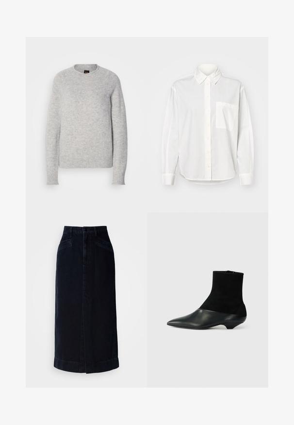Lys grå sweater lavet af blødt strikmateriale. Har en rund halsudskæring, ribbede manchetter og en afslappet pasform med raglanærmer.; Hvid langærmet skjorte med knap-udfældet krave, frontknaplukning og venstre brystlomme. Fremstillet af glat stof med en afslappet pasform.; Mørk denim midi nederdel med høj talje, frontknaplukning og sidelommer; har en lige skæring og en subtil kantdetalje.; Sort ankelstøvle med en tekstureret ruskindsoverdel og en glat lædertå. Har en spids tå og et unikt lavt kilehælsdesign.