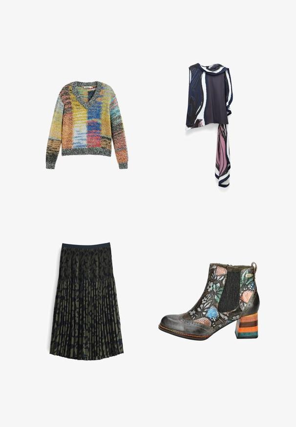 Kleurrijke gebreide trui met V-hals en lange mouwen, met een patchworkpatroon in gele, blauwe, rode en grijze tinten.; Mouwloze blouse in marineblauw en wit met een roze abstract patroon. Heeft een gedrapeerde halslijn en een vloeiende, aangehechte sjaaldetail.; Plissé rok in donkergroen met zwart luipaardpatroon. Elastische tailleband, lichtgewicht stof en vloeiende stijl. Uitlopende silhouet.; Leren enkellaarzen met een bloemenprint in verschillende kleuren. Voorzien van elastische zijpanelen en een gestreepte blokhak in meerdere tinten.
