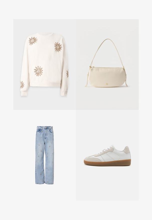 Creme sweatshirt med lange ærmer, prydet med broderede gyldne sole med hjertecentre, ribbede manchetter og en rund udskæring.; Lystblå denimjeans med afslappet pasform, prydet med sølvfarvet blomsterbroderi hele vejen rundt og standard fem-lomme design.; Hvide lædersneakers med beige ruskindsdetaljer, struktureret tunge og gummisål. Har hvide snørebånd og diskrete stikninger.; Kræmmerhvid lille skuldertaske med enkelt rem, lynlås og diskret gyldent mærkelogo på forsiden.