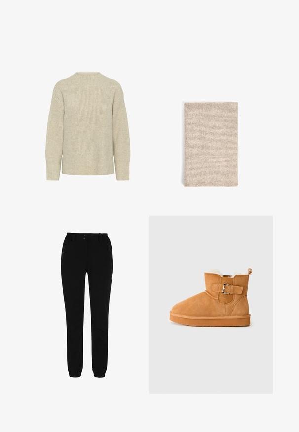 Beige strikket langærmet sweater med ribbestrikket tekstur, rund halsudskæring og afslappet pasform, vist mod en hvid baggrund.; Sorte bukser med elastisk talje, to sidelommer med lynlås og tapered ben med elastiske mansjetter. Lavet af et glat, holdbart materiale.; Tan suede ankelstøvler med kunstpelsfor, rund tå, detalje med spænde på siden og struktureret gummisål. Rent design med et kort skaft.; NA-KD Sjal / Tørklæder - beige