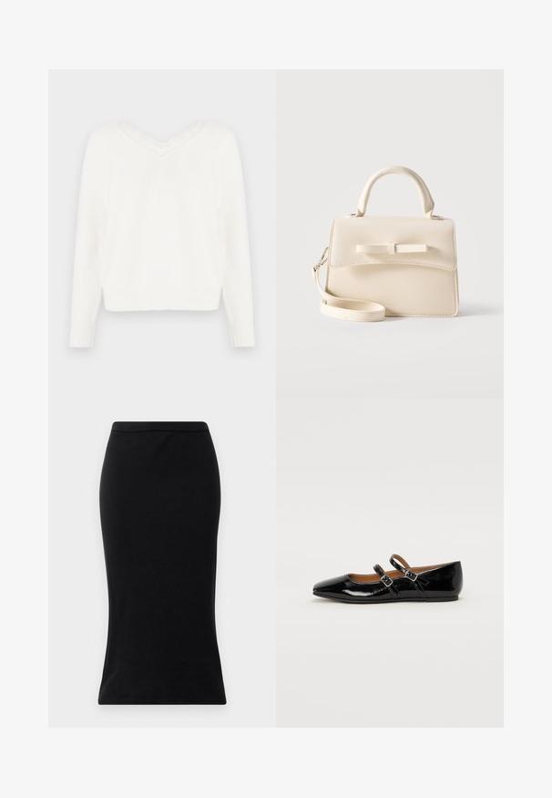Hvid strikket sweater med v-udskæring og blondekant. Har lange ærmer, ribbede manchetter og en let cropped kant. Blødt, struktureret stof.; Sorte højtaljede blyantskirt lavet af glat stof, med en tætsiddende silhuet og en ren, strømlinet kant uden dekorationer.; Sort laklæderballetsko med spids tå, to justerbare remme med spænder og en flad sål. Glat tekstur med en blank finish.; Lille beige håndtaske med top-håndtag, aftagelig rem, forreste klap og dekorativ vandret sløjfe på en ensfarvet baggrund.