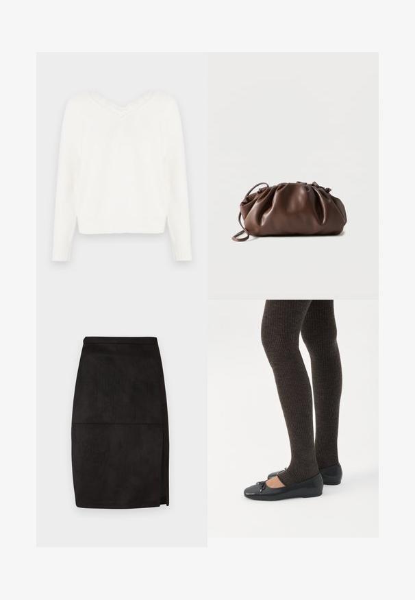 Witte gebreide trui met een v-hals en kantafwerking. Heeft lange mouwen, ribgebreide manchetten en een licht cropped zoom. Zachte, gestructureerde stof.; Zwarte suède pencil skirt met een rechte snit, een subtiele zijspleet en een zachte textuur. Eenvoudige tailleband en een strak design.; Benen met donkere geribbelde leggings gecombineerd met zwarte ballerina's met kleine strikdetails op een witte achtergrond.; Zachte bruine leren tas met samengevouwen bovenkant en smalle riem, liggend op een witte achtergrond.