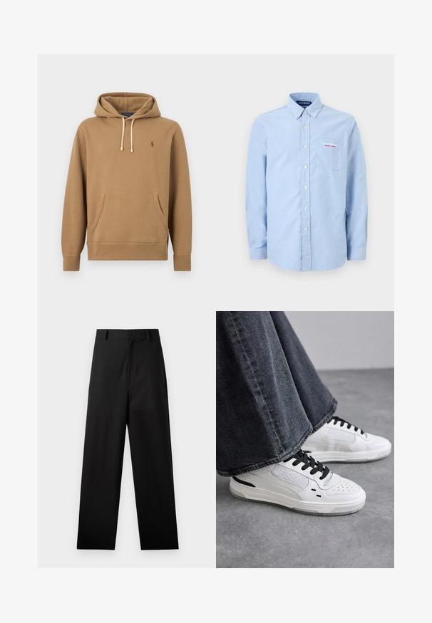 Lichtbruine capuchonsweater met voorzak, verstelbare witte veters en klein geborduurd Polo-logo op de linkerborst.; Lichtblauw overhemd met lange mouwen en knopen, met een geknoopte kraag, voorzak en geborduurd "Polo Sport Ralph Lauren" logo op de zak.; Zwarte broek van katoen met een rechte pijpdesign, voorzien van een sluiting met een knoop aan de voorkant en zijzakken. Gladde textuur, geen patronen.; Witte sneakers met zwarte veters en mesh-details. Beschikt over een gladde leren bovenkant en een gestructureerde rubberen zool. Gepaard met brede grijze jeans.