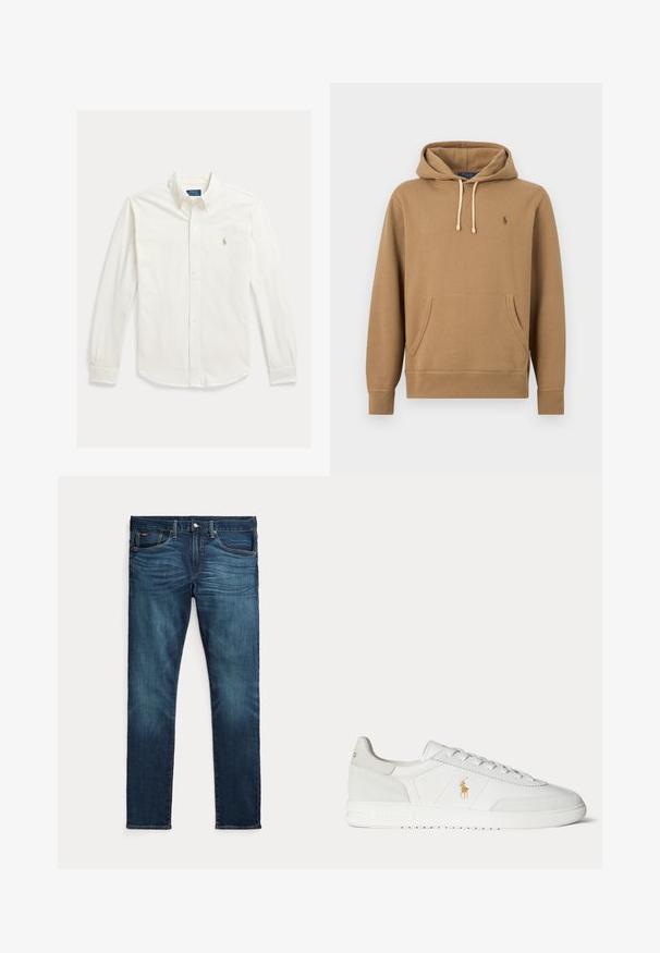 Lichtbruine capuchonsweater met voorzak, verstelbare witte veters en klein geborduurd Polo-logo op de linkerborst.; Wit overhemd met lange mouwen, knopen en kraag, met Polo Ralph Lauren-logo geborduurd op de linkerborst.; Donkerblauwe slim-fit jeans met vooraan een knoop en ritssluiting, vijf zakken en subtiel vervagen op de voorkant van de dijen en knieën.; Witte lage sneaker met vetersluiting, gouden Polo Ralph Lauren-logo aan de zijkant en een gestructureerde zool op een effen achtergrond.