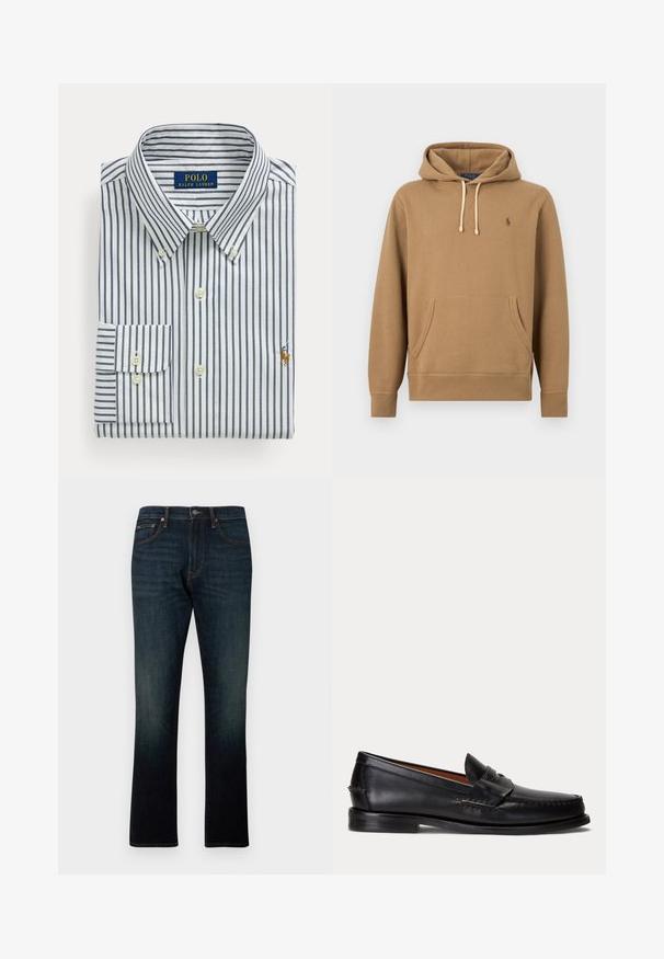 Hellbrauner Kapuzenpullover mit Fronttasche, verstellbaren weißen Kordeln und kleinem besticktem Polo-Logo auf der linken Brust.; Gefaltetes weißes Hemd mit marineblauen vertikalen Streifen, Button-Down-Kragen und Polo Ralph Lauren-Logo auf der Brust gestickt.; Dunkelblaue Straight-Leg-Denim-Jeans mit fünf Taschen und orangener Naht, flach auf weißem Hintergrund dargestellt.; Schwarzer Lederloafer mit niedrigem Absatz und Pennyriemendetail, von der Seite auf hellgrauem Hintergrund gezeigt.