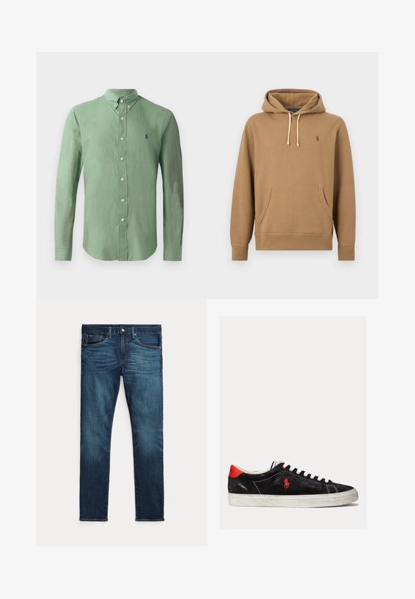 Lichtbruine capuchonsweater met voorzak, verstelbare witte veters en klein geborduurd Polo-logo op de linkerborst.; Groene button-up shirt van lichtgewicht stof; heeft een puntkraag, lange mouwen en een klein blauw logo op de linkerborst.; Donkerblauwe slim-fit jeans met vooraan een knoop en ritssluiting, vijf zakken en subtiel vervagen op de voorkant van de dijen en knieën.; Zwarte suede sneakers met witte veters, rode accenten op de hak en een klein rood logo. Beschikt over een platte rubberen zool en eenvoudige stiksels.