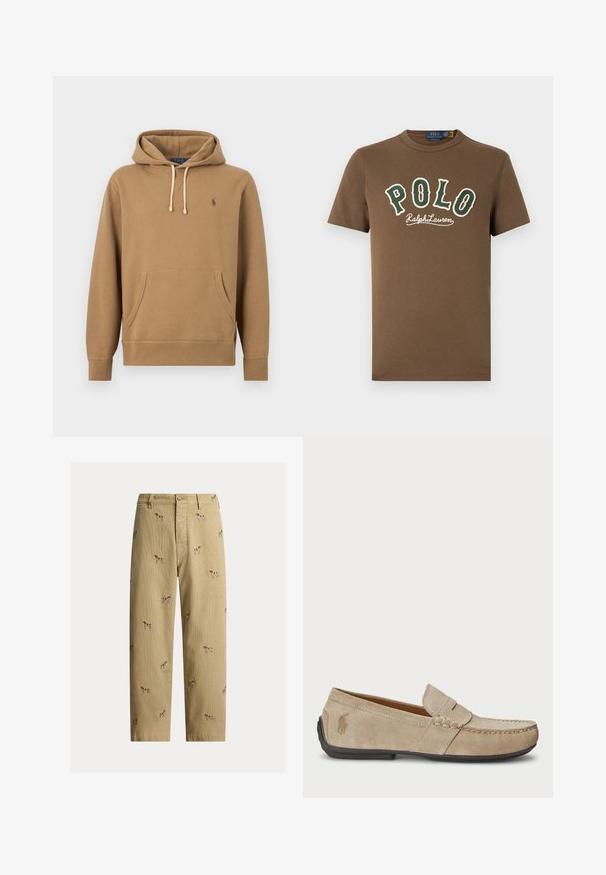 Sudadera con capucha de color marrón claro con bolsillo frontal, cordones blancos ajustables y pequeño logo Polo bordado en el pecho izquierdo.; Camiseta marrón de manga corta con texto "POLO Ralph Lauren" en verde y blanco en el frente y pequeño logo blanco de jugador de polo cerca del dobladillo inferior.; Pantalones de pana beige con diseños bordados de perros, corte recto y estilo de cinco bolsillos con cierre de botón frontal.; Mocasines de ante beige con detalle cosido, suela de goma plana y un pequeño logotipo en el lateral. Diseño clásico de slip-on, textura suave.