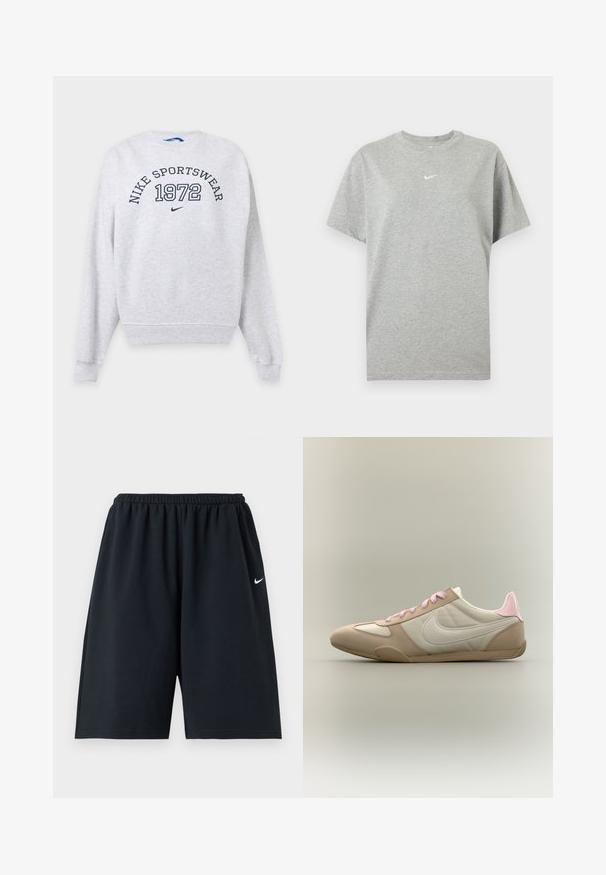 Φωτεινό γκρι μακρυμάνικο φούτερ Nike με "NIKE SPORTSWEAR" και "1972" τυπωμένα σε σκούρο μπλε στο στήθος, καθώς και μικρό λογότυπο Nike swoosh.; Γκρι βαμβακερό T-shirt με κοντά μανίκια, στρογγυλή λαιμόκοψη και μικρό λευκό λογότυπο Nike swoosh στο κέντρο του στήθους.; Μαύρο αθλητικό σορτς Nike με ελαστική μέση και μικρό λευκό λογότυπο Swoosh στο δεξί μηρό, απεικονίζεται σε απλό φόντο.; Χαμηλού προφίλ μπεζ και λευκό αθλητικό παπούτσι με ροζ κορδόνια και έμφαση στη φτέρνα, που δείχνει το λογότυπο της Nike στο πλάι σε μονόχρωμο φόντο.