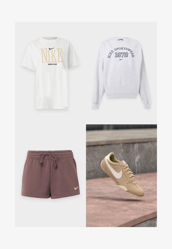 Φωτεινό γκρι μακρυμάνικο φούτερ Nike με "NIKE SPORTSWEAR" και "1972" τυπωμένα σε σκούρο μπλε στο στήθος, καθώς και μικρό λογότυπο Nike swoosh.; Λευκό κοντομάνικο T-shirt με μεγάλο μπεζ κείμενο "NIKE", μικρό μαύρο σήμα Nike από πάνω και "SPORTS CLUB" μαύρο από κάτω στο κέντρο μπροστά.; Καφέ σορτς Nike με ελαστική μέση και ρυθμιζόμενο κορδόνι, με μικρό λευκό λογότυπο Nike στο αριστερό πόδι.; Μπεζ αθλητικό παπούτσι Nike με λευκό σήμα και κορδόνια, σε ενδιάμεση θέση στον αέρα πάνω από επιφάνεια από μπετόν και σκαλοπάτια στο φόντο.