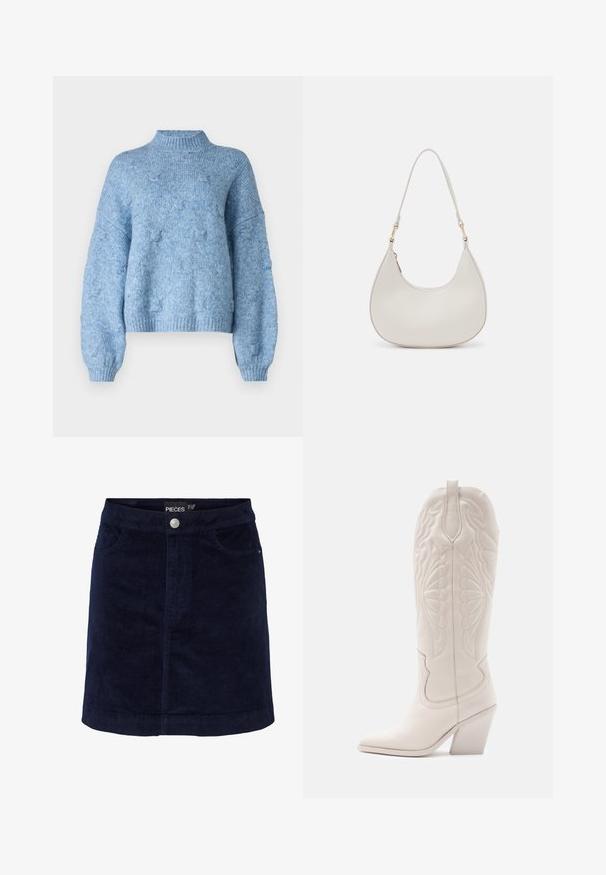 Vero Moda Knitted VMGAIL Knitted - Džemper - allure; Tumesinise kord vormiga mini seelik, millel on ees nupuga sulgemine ja kaks eesmist taskut. Sujuv tekstuur koos nähtavate ribidega.; Valge nahast cowboy-s выпiş с заостреным varvastega ja plokknäheeliga. Omab keerukaid tikandimustreid varreosas ja siledat tekstuuri.; Kreemi nahast õlavarre kott, millel on poolkuu kuju, peen rihm ja diskreetne õmblusdetail. Minimalistlik disain kuldse tooni metallosadega.