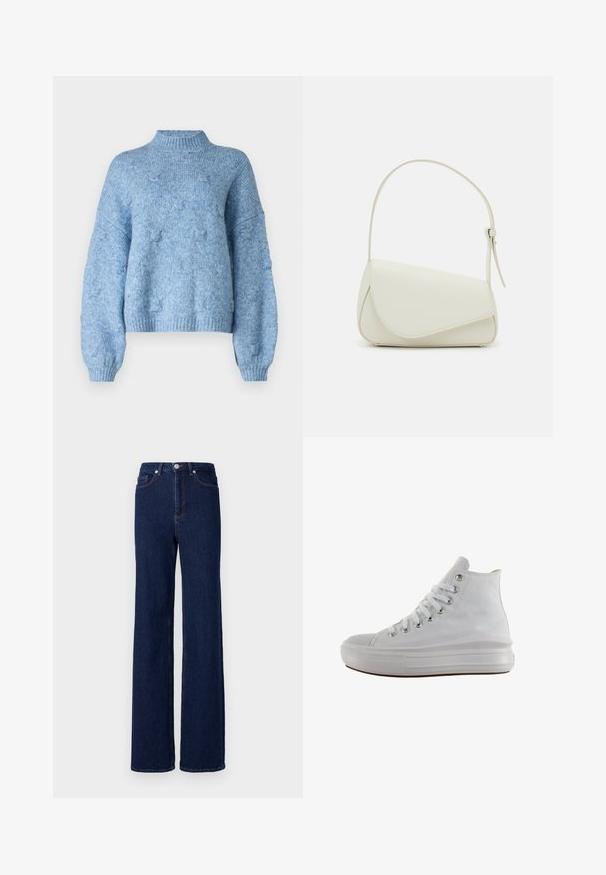 Vero Moda Knitted VMGAIL Knitted - Svetrík - allure; Tmavomodré džínsy s vysokým pásom, širokým strihom a klasickým päť vreckovým dizajnom. Dokončené kontrastným prešívaním a kovovým gombíkom.; Biele vysoké plátenné tenisky s bielymi šnúrkami, kovovými očkami, hrubou gumovou podrážkou a textúrovanou špičkou, mieriac doľava na bielom pozadí.; Biela kabelka z umelého kože so štruktúrovaným trojuholníkovým tvarom, jedným nastaviteľným popruhom a prekrytím so zakriveným akcentom.