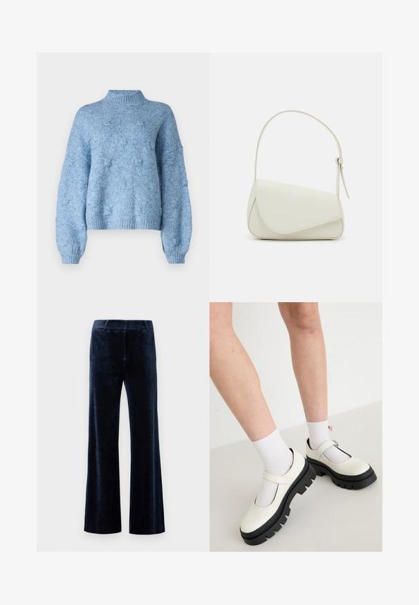 Vero Moda Knitted VMGAIL Knitted - Trui - allure; Marineblauwe flairbroek van zachte fluweel. Heeft een soepele textuur, een op maat gemaakte tailleband en strakke snijkanten. Geen zichtbare hardware of patronen.; Witte patenten leren Mary Jane schoenen met een stevige zwarte zool, met een band over de wreef en gedragen met witte sokken.; Witte nepleren handtas met een gestructureerde driehoekige vorm, een enkele verstelbare schouderriem en een klep met ronde accenten.