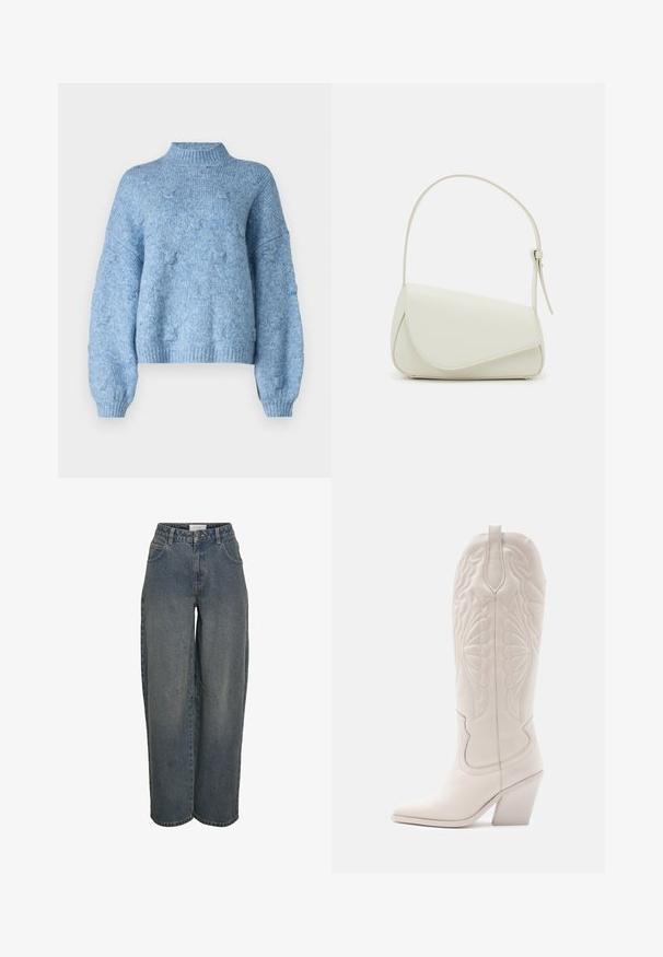 Vero Moda Knitted VMGAIL Knitted - Jersey de punto - allure; Jeans de tiro ancho en azul oscuro, hechos de una tela de algodón texturizada. Presentan bolsillos frontales y un cierre de cremallera con botón.; Bota vaquera de cuero blanco con punta afilada y tacón bloqueado. Presenta patrones de costura intrincados en el caña y una textura suave.; Bolso de mano de imitación cuero blanco con una forma triangular estructurada, correa ajustable única y cierre con solapa acentuada en curva.