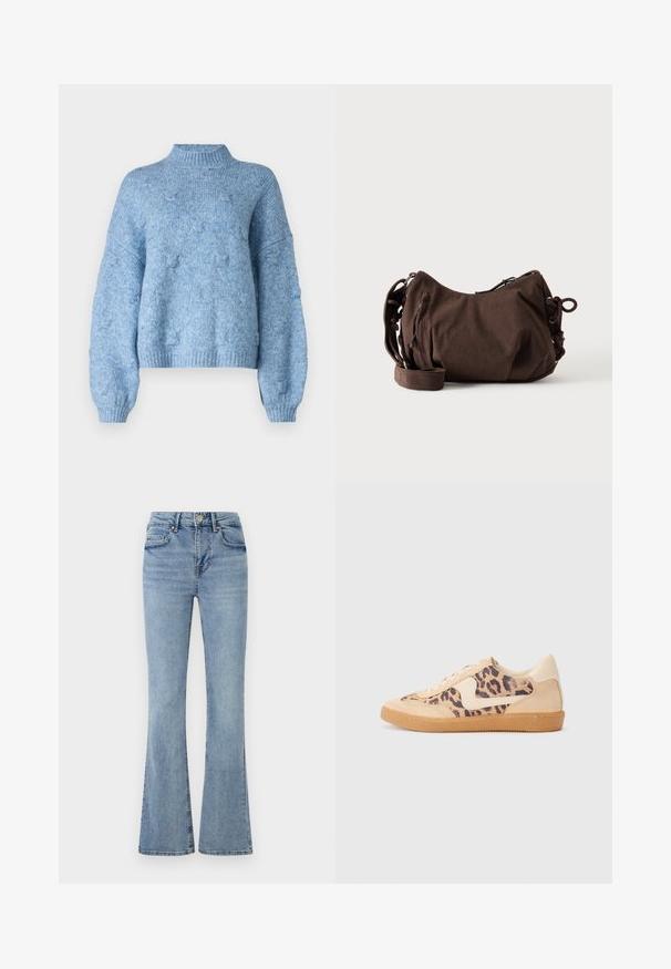 Vero Moda Knitted VMGAIL Knitted - Trui - allure; Lichtblauwe denim jeans met een hoge taille, een knoop- en ritsluiting aan de voorkant, vijf zakken en licht uitlopende pijpen.; Luipaardprint sneakers met een beige suède bovenkant, tan rubberen zool en witte accenten. Ronde neus en vetersluiting met een gestructureerde afwerking.; Bruine corduroy schoudertas met verstelbare band, ritssluiting en zij koorddetails op een witte achtergrond.