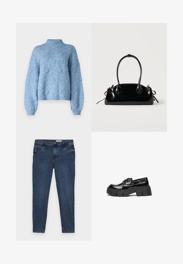 Vero Moda Knitted VMGAIL Knitted - Svetrík - allure; Tmavomodré denimové džínsy s úzkym strihom, päť vrecúškovým dizajnom a zlatým prešívaním. Obsahujú zips a knoflík na zapínanie. Hladká textúra.; Čierny lakovaný kožený loafer s robustnou čiernou platformou a dekoračnými očkami. Hladký povrch s okrúhlou špičkou a detaily šnurovania.; Malá čierna lesklá kabelka s dvoma dlhými rúčkami a bočnými šnúrkovými detailmi na jednoduchom svetlom pozadí.