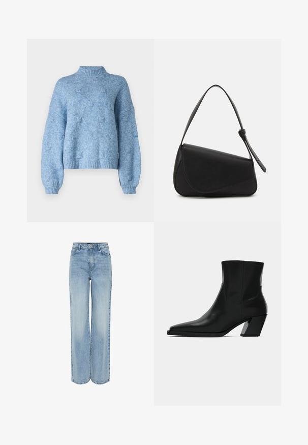 Vero Moda Knitted VMGAIL Knitted - Džemper - allure; Heledad sinine laiemate sääridega teksad, mis on valmistatud denimist. Omavad kõrget vööd, viit taskut ja peent fade'i tekstuuri jaoks. Klassikaline nupuga ja lukuga sulgemine.; Must must jalatsid mustast nahast, terava ninaga, stiilne siluett ja jäme ruudukujuline konts. Sile tekstuur, millel on minimaalsed õmblemise detailid.; Mustmust värvi nahk-käekott, kolmnurkse kujuga, kaldega klapp ja ümar pehandle. Omab siledat tekstuuri ja minimalistikku kujundust.