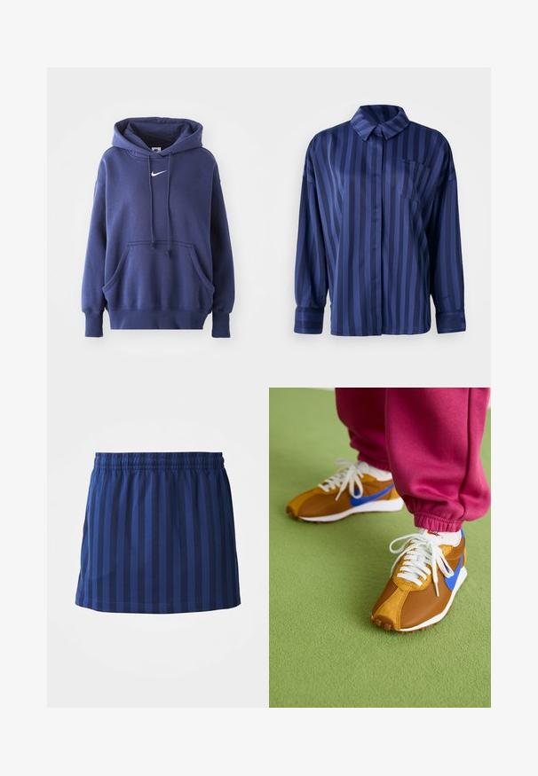 Námornícka modrá mikina s kapucňou vyrobená z jemnej zmesi bavlny, s prednou kapsou, sťahovacou kapucňou a bielym logom Nike na hrudi.; Námornícky modrá pruhovaná košeľa s golierom, vreckom na hrudi a dlhými rukávmi. Vyrobené z hladkej, lesklej tkaniny s voľným strihom.; Námornícka modrá sukňa s vertikálnymi pruhmi, elastický pás, dĺžka po polovicu stehna, vyrobená z ľahkej tkaniny, hladká textúra.; Hnedé a modré tenisky s kombináciou sieťoviny a semišu, s bielymi šnúrkami a textúrovanou hnedou podrážkou, umiestnené na zelenej podlahe.