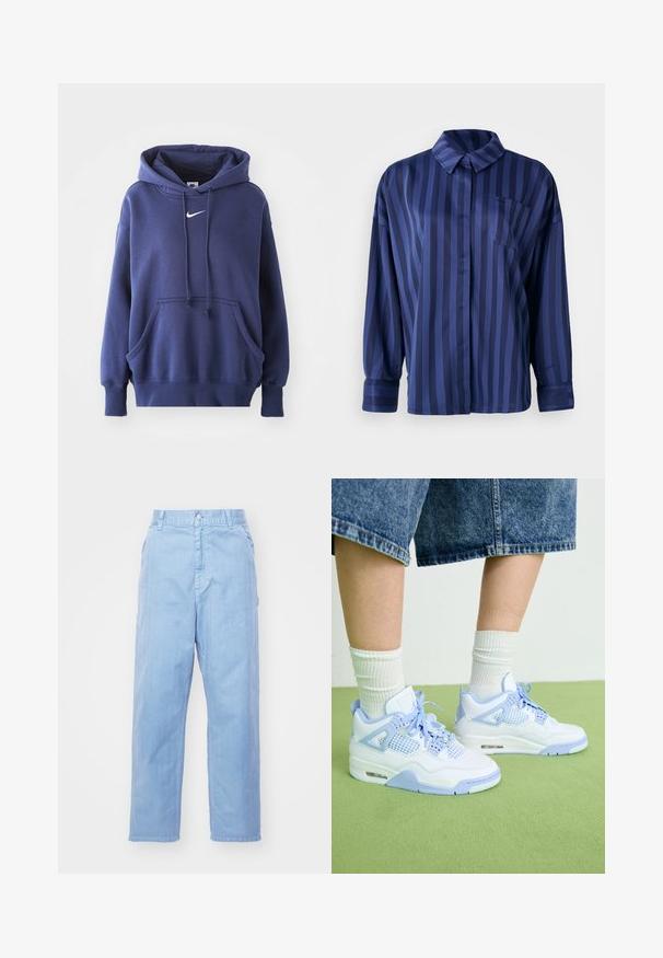 Mørkeblå hoodie lavet af blødt bomuldsblandingsmateriale, med en frontlomme, snøre i hætten og hvidt Nike-logo på brystet.; Mørkeblå stribet skjorte med krave, brystlomme og lange ærmer. Lavet af et glat, skinnende stof med en løs pasform.; Lyseblå denimbukser med lige ben-design, knaplukning og forlommer. Stof har en subtil tekstur med en glat finish.; Hvide og lyseblå sneakers med mesh-detaljer, rund tå, snørebånd og en luftdæmpningsenhed, parret med hvide ribbede sokker og denimshorts.