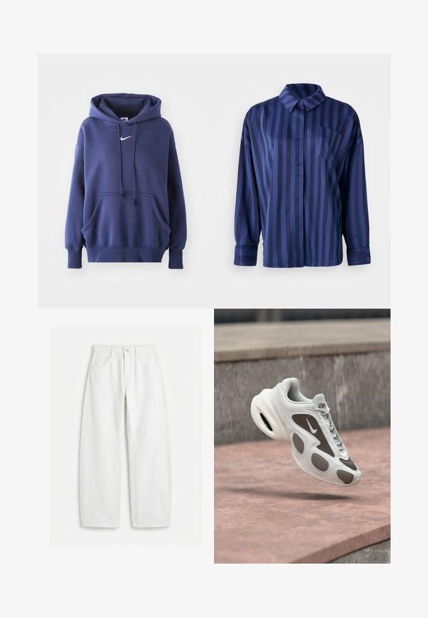 Hoodie bleu marine en mélange de coton doux, avec une poche avant, un capuche à cordon de serrage et un logo Nike blanc sur la poitrine.; Chemise rayée bleu marine avec col, poche poitrine et manches longues. Fabriquée en tissu lisse et brillant avec une coupe ample.; Jean blanc à jambes droites avec poches avant, passants pour ceinture, fermeture par bouton et détails de coutures visibles.; Baskets Nike blanches et grises flottant au-dessus d'une surface en pierre, avec un devant à lacets et un coussin d'air visible dans la semelle.
