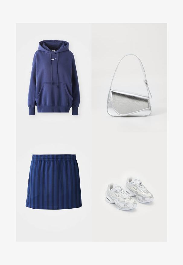 Marineblauwe hoodie, gemaakt van een zachte katoenmix, met een voorzak, een trekkoordkap en een wit Nike-logo op de borst.; Marineblauwe rok met verticale strepen, elastische tailleband, lengte tot halverwege het bovenbeen, gemaakt van lichte stof, gladde textuur.; Witte sportieve schoenen met een bovenwerk van mesh en zilveren accenten, in een unieke vorm en met luchtkussen in de hiel. Gespannen ontwerp met logo.; Zilveren metalen handtas met een driehoekige vorm, gladde textuur en een dunne, verstelbare schouderriem. Kenmerkt zich door een omklapbaar ontwerp met stiksels.