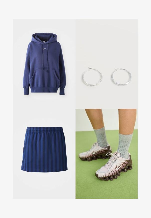 Dunkelblauer Kapuzenpullover aus weichem Baumwollmix, mit einer Fronttasche, Kordelzugkapuze und weißem Nike-Logo auf der Brust.; Marineblauer Rock mit vertikalen Streifen, elastischer Taille, mittellange Länge, aus leichtem Stoff, glatte Textur.; Nike Sneaker in Hellrosa und Braun mit einer strukturierten Oberseite, geschichtetem Design und dämpfender Außensohle mit sichtbaren Air-Elementen.; Silberne Metallcreolen mit glatter, leicht gebogener Oberfläche und Klappverschluss vor schlicht weißem Hintergrund.