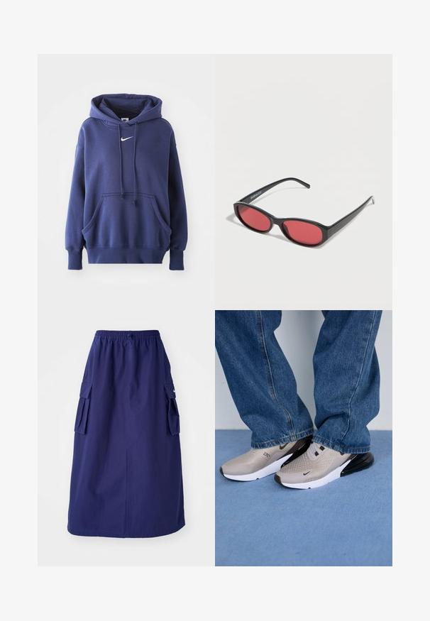 Mørkeblå hoodie lavet af blødt bomuldsblandingsmateriale, med en frontlomme, snøre i hætten og hvidt Nike-logo på brystet.; Marineblå, mellemlang nederdel med elastisk talje, der har to sidelommer og et minimalistisk logodesign. Glat stofstruktur.; Grå sneakers med mesh-overdel, sorte accenter og hvid sål. Båret med løse blå denim jeans, der delvist dækker kanten af skoene.; Sorte ovale solbriller med tynde arme og rødtonede linser, der ligger på en hvid overflade.