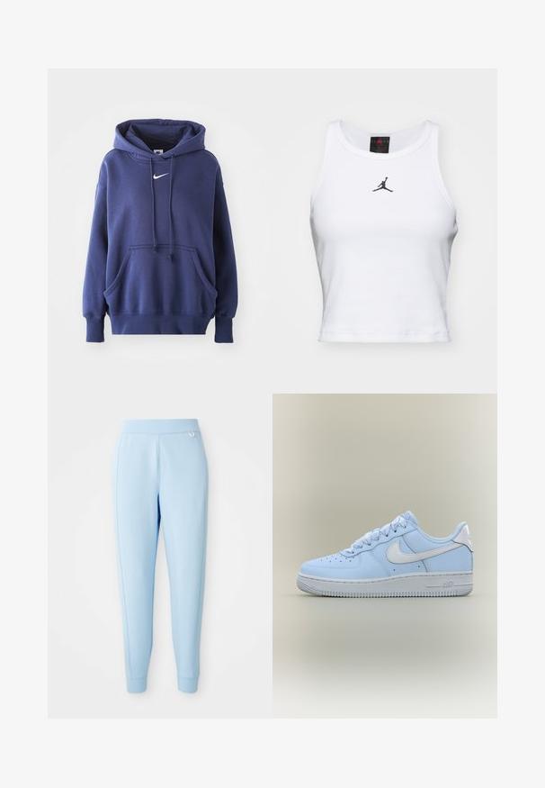 Dunkelblauer Kapuzenpullover aus weichem Baumwollmix, mit einer Fronttasche, Kordelzugkapuze und weißem Nike-Logo auf der Brust.; Weißes Crop-Top aus Baumwolle mit geripptem Struktur. Verfügt über ein schwarzes Jordan-Logo in der Mitte und einen klassischen Rundhalsausschnitt.; Helle blaue Jogginghosen aus weichem Material mit glatter Textur, schmal zulaufenden Beinen und einem dezenten Logoakzent an der Seite.; Hellblauer niedriger Nike Air Force 1 Sneaker mit weißem Swoosh-Logo und dicker weißer Sohle vor schlichtem beigem Hintergrund.