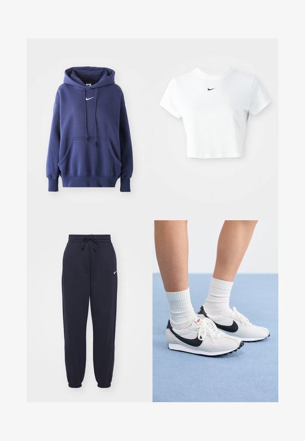 Námornícka modrá mikina s kapucňou vyrobená z jemnej zmesi bavlny, s prednou kapsou, sťahovacou kapucňou a bielym logom Nike na hrudi.; Biely skrátený tričko vyrobené z bavlny, s krátkymi rukávmi a okrúhlym výstrihom, s čiernym logom Nike na hrudi.; Nike tepláky v námornej modrej farbe, vyrobené z mäkkého materiálu. Obsahujú elastický pás s šnúrkou a sťahovacie nohavice. Malý biely logotyp ako akcent.; Biele sieťované tenisky s čiernymi akcentmi, okrúhlou špičkou a plochou gumovou podrážkou. V kombinácii s rebrovými bielymi ponožkami.
