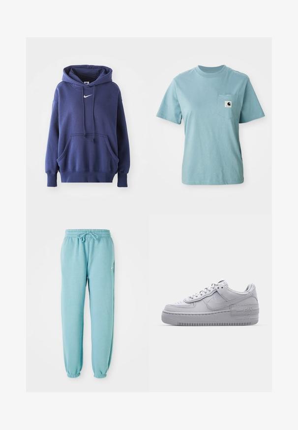 Námornícka modrá mikina s kapucňou vyrobená z jemnej zmesi bavlny, s prednou kapsou, sťahovacou kapucňou a bielym logom Nike na hrudi.; Svetlomodré tričko s krátkym rukávom z bavlny s náprsné vreckom, ktoré obsahuje malú čierno-bielu nášivku loga Carhartt.; Svetlo modré tepláky vyrobené z mäkkej tkaniny s elastickým pásom, detailom na šnúrku a elastickými manžetami na členkoch. Malé logo na boku.; Šedé tenisky Nike Air Force 1 s perforovanou špičkou, hladkým koženým zvrškom, hrubou podrážkou a embosovaným detailom 'AIR' na päte.