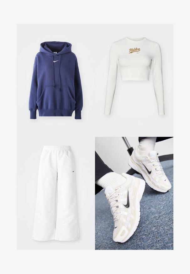 Dunkelblauer Kapuzenpullover aus weichem Baumwollmix, mit einer Fronttasche, Kordelzugkapuze und weißem Nike-Logo auf der Brust.; Weißes, langärmliges Crop-Top aus glattem Stoff, mit einem goldenen Nike-Logo-Print auf der Brust und einem klassischen Rundhalsausschnitt.; Weiße Sporthose mit weitem Bein, elastischem Bund und kleinem schwarzen Nike-Logo auf der linken Seite. Glattes, leichtes Material.; Weiße und beige Nike-Sneaker mit einem Obermaterial aus Mesh, strukturiertem Overlay, schwarzem Swoosh und einer gepolsterten Sohle mit rutschfester Außensohle.