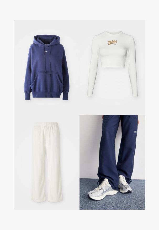 Námornícka modrá mikina s kapucňou vyrobená z jemnej zmesi bavlny, s prednou kapsou, sťahovacou kapucňou a bielym logom Nike na hrudi.; Biele dlhé rukávy cropped tričko vyrobené z hladkej tkaniny, s potlačou zlatého loga Nike na hrudi a klasickým okrúhlym výstrihom.; Krémyové nohavice s širokým strihom, vyrobené z ľahkého materiálu, s vertikálnymi pruhmi a elastickým pásom.; Športové topánky Nike s strieborným sieťovaným zvrškom, bielymi detailmi a textúrovanými podrážkami, skombinované s voľnými námorníckymi nohavicami.