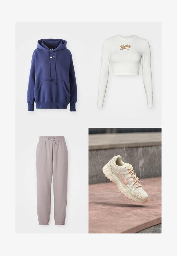 Mørkeblå hoodie lavet af blødt bomuldsblandingsmateriale, med en frontlomme, snøre i hætten og hvidt Nike-logo på brystet.; Hvid langærmet crop top lavet af glat stof, med et guld Nike-logo tryk på brystet og en klassisk rund halsudskæring.; Lys mauve fleece sweatpants med elastisk talje, snor, sidelommer og elastiske manchetter, vist fladt mod en hvid baggrund.; Cremefarvet og ferskenfarvet Nike-sneaker med tekstureret sål og snørebånd, fanget i luften over en stenet overflade og med en betonbaggrund.