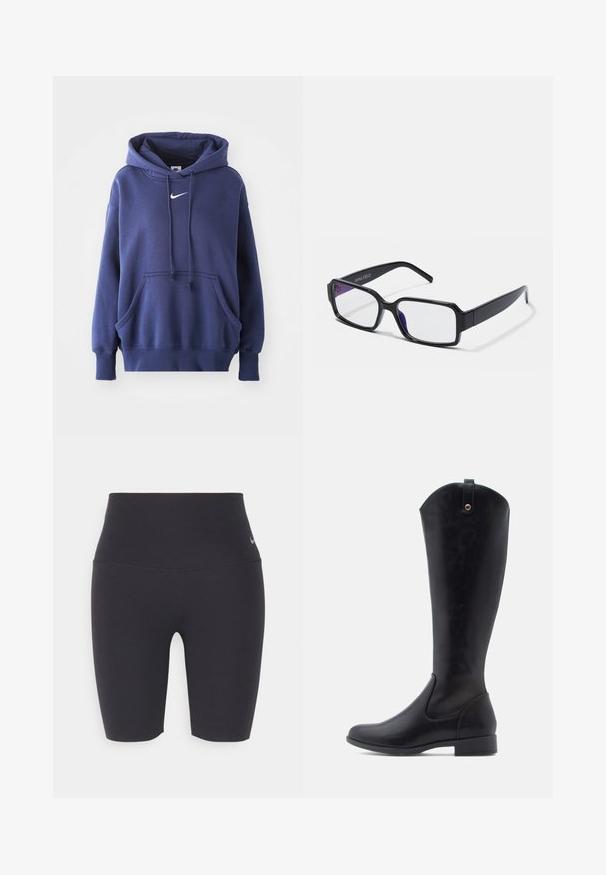 Námornícka modrá mikina s kapucňou vyrobená z jemnej zmesi bavlny, s prednou kapsou, sťahovacou kapucňou a bielym logom Nike na hrudi.; Čierne športové cyklistické šortky z elastického materiálu, s vyšším pásom, hladkou textúrou a malým logom na ľavom boku.; Čierne kožené čižmy po kolená s hladkým povrchom, okrúhlou špičkou, nízkym blokovým podpätkom a zakriveným horným okrajom s detailom slučky na zadnej strane.; Čierne obdĺžnikové rámové okuliare s priehľadnými šošovkami. Majú charakteristický fialový nádych na vnútorných hranách a hladký plastový povrch.