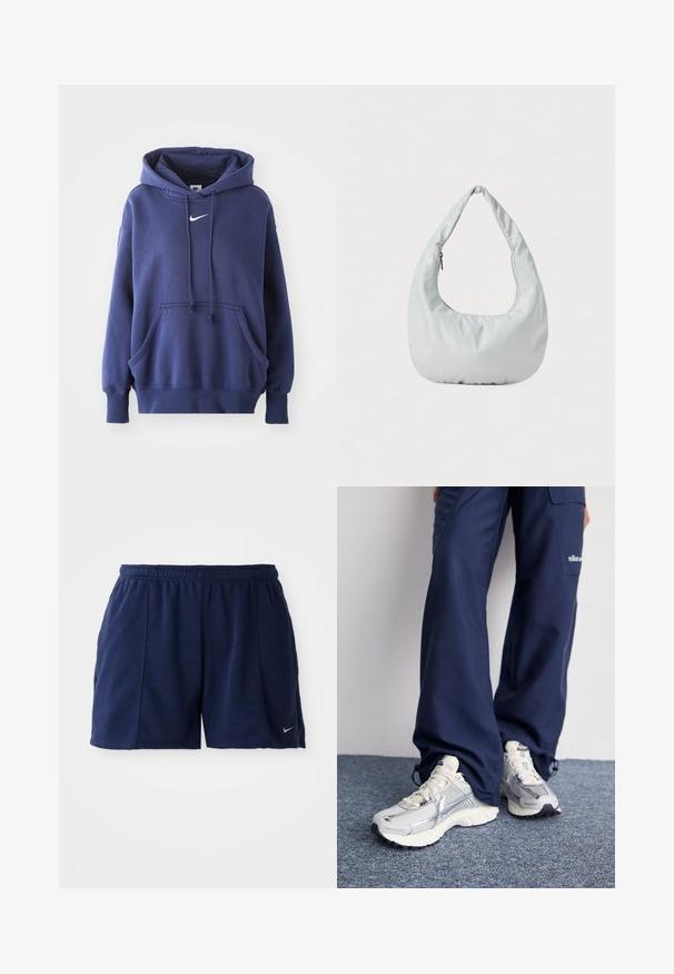 Mørkeblå hoodie lavet af blødt bomuldsblandingsmateriale, med en frontlomme, snøre i hætten og hvidt Nike-logo på brystet.; Mørkeblå athletic shorts lavet af blødt stof med en elastisk talje; har sidelommer og et lille sølvlogo på kanten.; Nike sportssko med en sølvfarvet mesh-overdel, hvide detaljer og strukturerede såler, parret med løstsiddende navy bukser.; Blød, lys grå hobo-taske lavet af syntetisk materiale. Har et enkelt polstret håndtag og en lynlåslomme på siden.