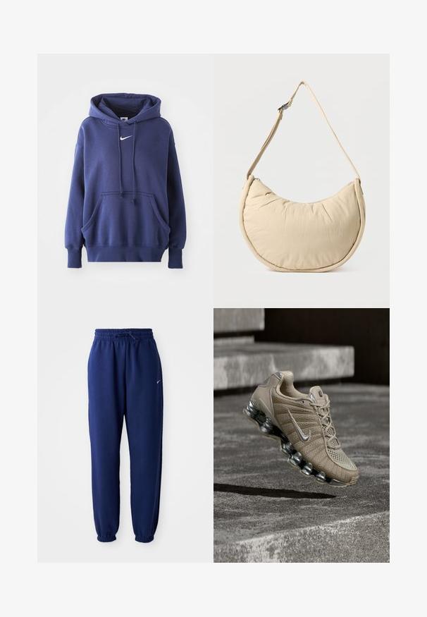 Mørkeblå hoodie lavet af blødt bomuldsblandingsmateriale, med en frontlomme, snøre i hætten og hvidt Nike-logo på brystet.; Mørkeblå sweatpants lavet af blødt stof, med elastisk talje med snøre, elastiske manchetter og et lille hvidt logo.; Beige Nike løbesko med sølvdetaljer og fjederlignende sål svævende over betontrin i dæmpet belysning.; Beige skuldertaske i halvmåneform med en blød, polstret overflade. Har justerbar rem og lynlås langs den øverste kant.