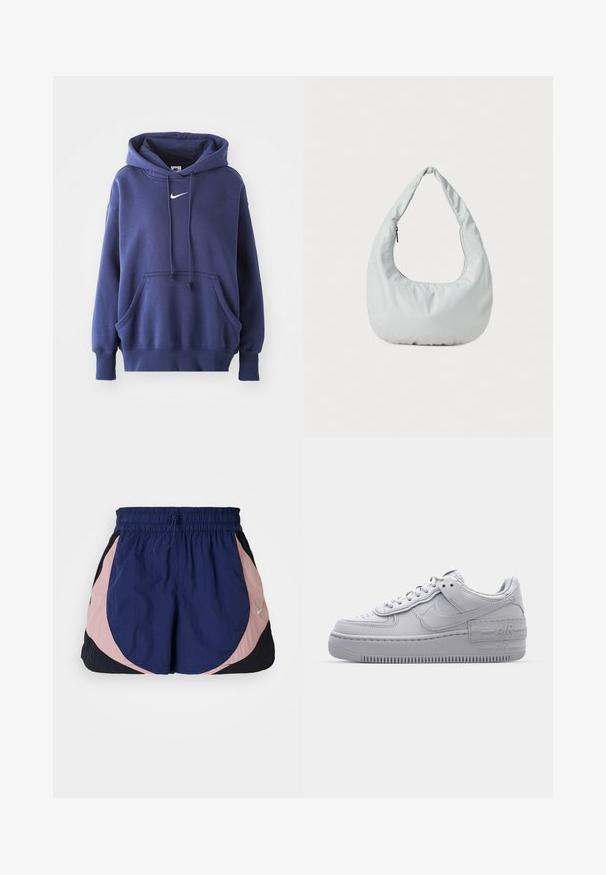 Tumed sinine kapuutsiga sviiter, mis on valmistatud pehmest puuvillasegistusest. Omab eesmise tasku, reguleeritavat kapuutsi ja valget Nike logo rinnal.; Nike spordilühikesed püksid elastse vöökohtaga, millel on tumesinine, roosa ja must paneel. Valmistatud kergest tekstuuriga kangast.; Hallitus hallid Nike Air Force 1 sneakerid, millel on augustatud varvas, siledast nahast ülemine osa, paks tall ning reljeefne 'AIR' detail kontsapadjal.; Pehmea, heleda halli hobo-kott, mis on valmistatud sünteetilisest materjalist. Omab ühte pehmendatud sangaga kät ja külgmist lukkudega taskut.