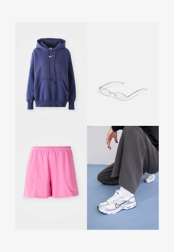 Námornícka modrá mikina s kapucňou vyrobená z jemnej zmesi bavlny, s prednou kapsou, sťahovacou kapucňou a bielym logom Nike na hrudi.; Ružové športové šortky vyrobené z mäkkého materiálu, s elastickým pásom a bočným logom. Rovno strihaný dizajn s hladkou textúrou.; Biele a strieborné športové topánky s jemnou sieťovinou a syntetickými materiálmi, so čiernymi akcentmi, šnúrkami a textúrovanými podrážkami.; Oválne okuliare s kovovým strieborným rámom, priesvitnými šošovkami a textúrovanými perlovými akcentmi na spánkoch. Ľahký dizajn s zahnutými ramenami.