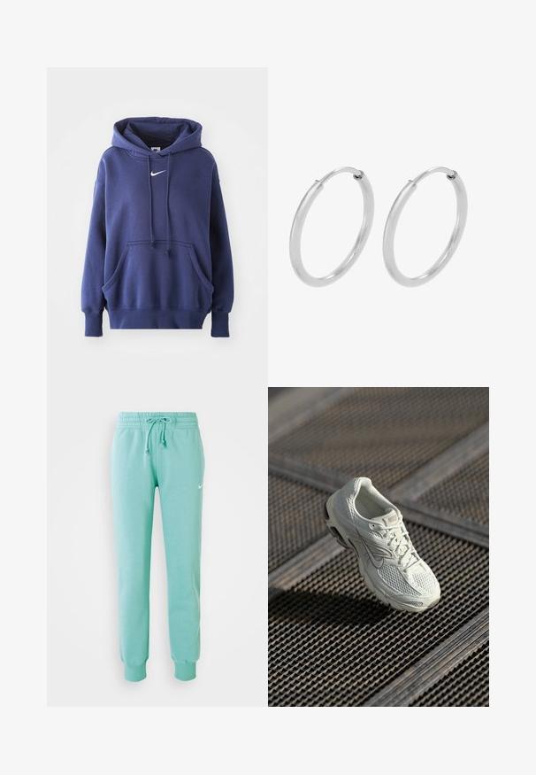 Tumed sinine kapuutsiga sviiter, mis on valmistatud pehmest puuvillasegistusest. Omab eesmise tasku, reguleeritavat kapuutsi ja valget Nike logo rinnal.; Müntrohelised dressipüksid elastse vöökohtaga, stringiga ja soonikuga randmetel. Vasakul reiel on väike valge Nike logo.; Valge Nike jooksutoss, millel on võrgust ja sünteetilisest materjalist ülemine osa, puhates metallvõrgust põrandal pehmes looduslikus valguses.; Hõbedased rõngassõrmused, ringikujuline kuju, sile läikiv tekstuur ja ühtlane laius kogu ulatuses. Minimalistlik disain ilma lisadeta.
