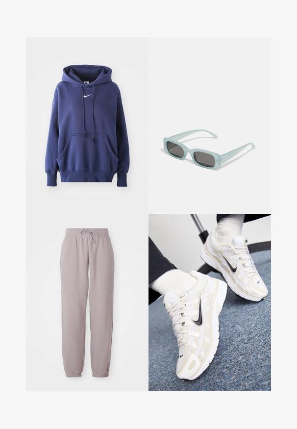 Námornícka modrá mikina s kapucňou vyrobená z jemnej zmesi bavlny, s prednou kapsou, sťahovacou kapucňou a bielym logom Nike na hrudi.; Svetlomauve flísové tepláky s elastickým pásom, šnúrkou, bočnými vreckami a elastickými manžetami, zobrazené položené na bielom pozadí.; Biele a béžové tenisky Nike s vrchnou časťou z jemnej sieťoviny, textúrovaným prekrytím, čiernym swooshom a cushioned podrážkou s gripped vonkajšou časťou.; Párik obdĺžnikových slnečných okuliarov s svetlomodrými priehľadnými rámami a tmavosivými sklami, s rovnými stranami a minimálnymi hardvérovými detailmi.