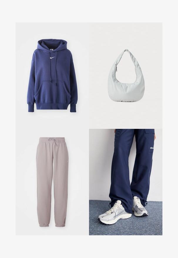 Mørkeblå hoodie lavet af blødt bomuldsblandingsmateriale, med en frontlomme, snøre i hætten og hvidt Nike-logo på brystet.; Lys mauve fleece sweatpants med elastisk talje, snor, sidelommer og elastiske manchetter, vist fladt mod en hvid baggrund.; Nike sportssko med en sølvfarvet mesh-overdel, hvide detaljer og strukturerede såler, parret med løstsiddende navy bukser.; Blød, lys grå hobo-taske lavet af syntetisk materiale. Har et enkelt polstret håndtag og en lynlåslomme på siden.