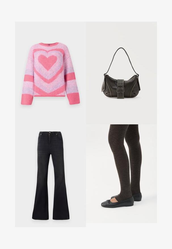 Lyserød strikket sweater med et hjerte mønster, med skiftende striber i lys lyserød og mørkere lyserød. Fremstillet af blødt, tekstureret stof.; Sorte højtaljede denimjeans med flared ben, frontknap og lynlåslukning samt fem-lommen stil.; Ben iført mørke ribbede leggings kombineret med sorte balletsko med små sløjfedetaljer på hvid baggrund.; Sort læder skuldertaske med spænde på remmen, afrundede kanter og kontrasterende hvide syninger på en ensfarvet baggrund.