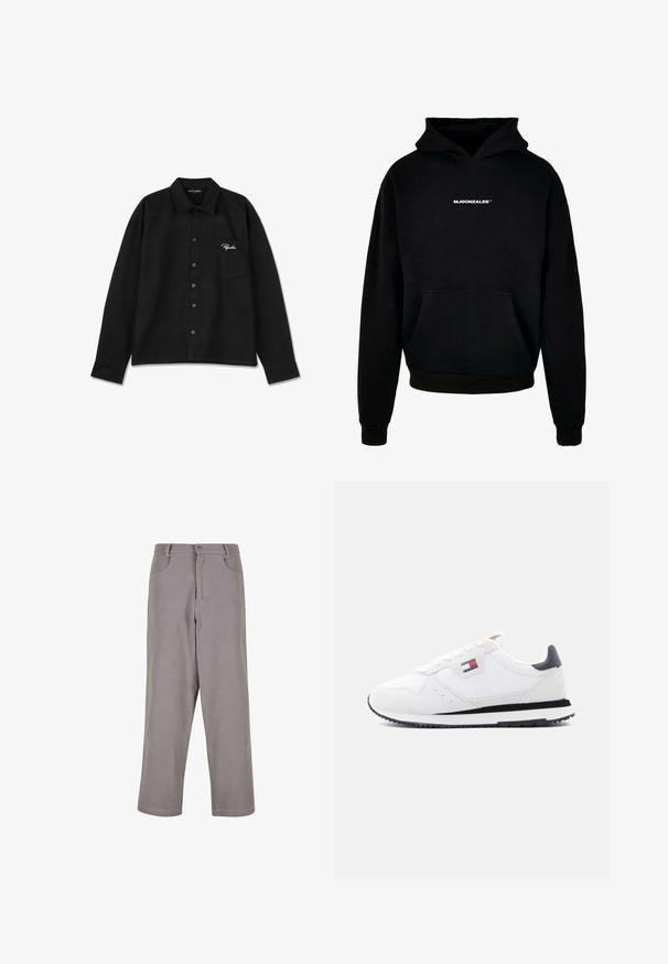 Schwarzer Hoodie aus weichem Material, mit einer Front-Kängurutasche und einem weißen Logo "MJGONZALES" auf der Brust. Reguläre Passform mit Kapuze und Kordelzug.; Schwarzes Langarmshirt aus Stoff, mit Kragen, Knopfleiste, einer Brusttasche und aufgesticktem Logo in Weiß auf der Tasche.; Graue Baumwollhose mit geradem Schnitt, frontalen Taschen und Knopfverschluss. Der Stoff wirkt glatt mit leichter Textur.; Weißer Sneaker in Low-Top-Form mit Mesh- und Wildleder-Einsätzen, schwarzer Fersenlasche, schwarz-weißer Sohle und Tommy Jeans Logo an der Seite.