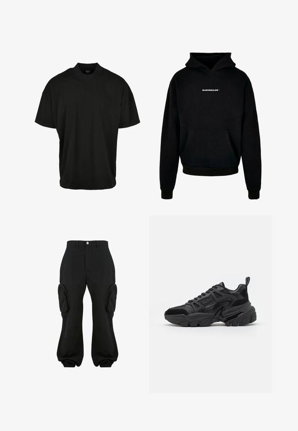 Μαύρη hoodie φτιαγμένη από μαλακό υλικό, με μπροστινή τσέπη καγκουρό και λευκό λογότυπο "MJGONZALES" στο στήθος. Κανονική εφαρμογή με κουκούλα που έχει κορδόνι.; Μαύρο κοντομάνικο T-shirt με σχέδιο crew neck, φτιαγμένο από μαλακό ύφασμα, με άνετη εφαρμογή και χωρίς εμφανή σχέδια ή λεπτομέρειες.; Μαύρο cargo παντελόνι με άνετη εφαρμογή, διαθέτει δύο πλευρικές θήκες cargo, ελαστικές cuffs στους αστραγάλους και κλείσιμο με κουμπί στη μέση.; Μαύρα αθλητικά παπούτσια με συνδυασμό λείων και υφασμένων υλικών, χοντρή σόλα, σχέδιο με κορδόνια και χαρακτηριστικές πλευρικές λεπτομέρειες.