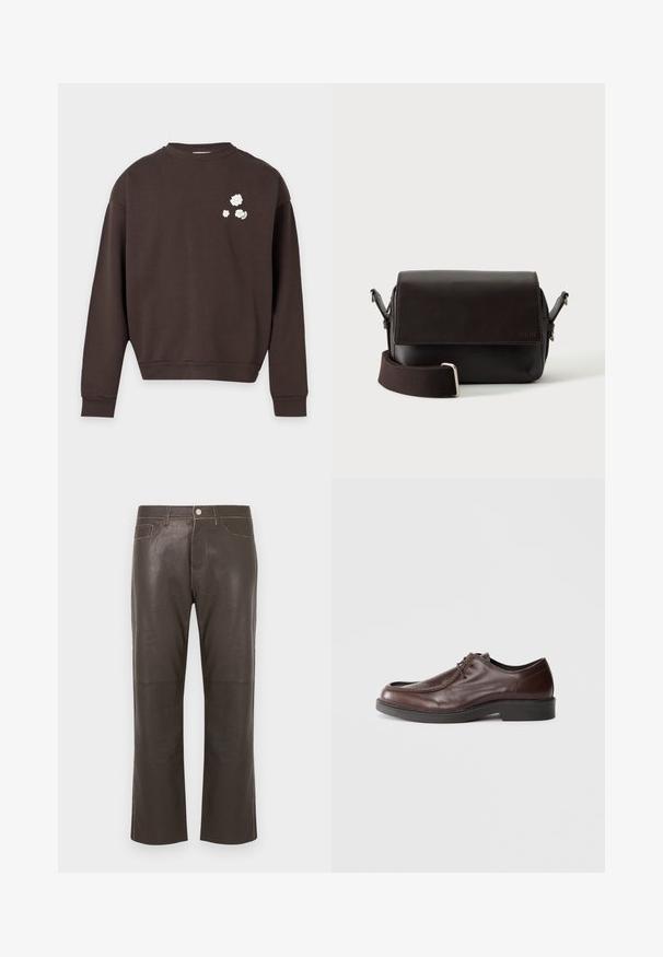 Sweat-shirt marron foncé à manches longues avec petits motifs floraux blancs sur le haut gauche de la poitrine, poignets et ourlet côtelés.; Pantalon droit en cuir marron foncé avec bouton frontal, fermeture éclair, passants pour ceinture et détails de couture contrastants.; Chaussure habillée en cuir marron avec un bout arrondi, des accents de couture minimum, et une semelle noire robuste. Présente un système de laçage et une texture lisse.; Sac bandoulière en cuir marron foncé avec fermeture à rabat et sangle en tissu réglable sur fond blanc.