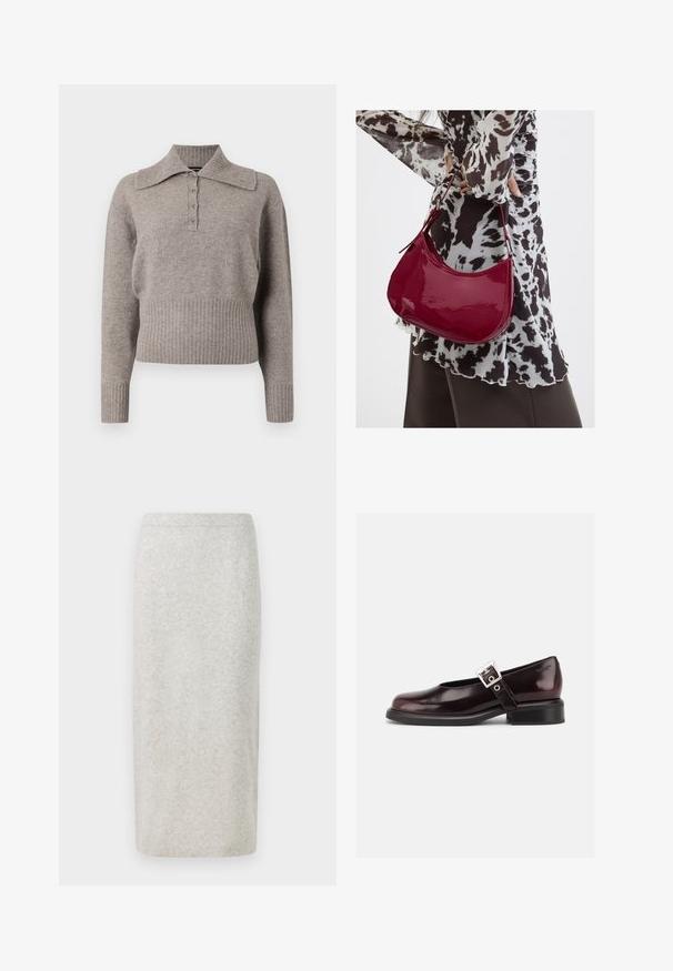 Pull en maille gris clair avec un col, fermeture à boutons sur le devant et ourlet et poignets côtelés. Texture douce et design décontracté.; Jupe crayon en tricot gris clair, avec une texture lisse et un design ajusté, ourlée en bas avec une taille légèrement extensible.; Chaussure Mary Jane unique brillante couleur bordeaux foncé avec une large bride et une boucle argentée, talon bloc bas et bout arrondi sur fond blanc.; Femme portant un chemisier à motif noir et blanc tenant un sac à main rouge brillant sur un fond uni.