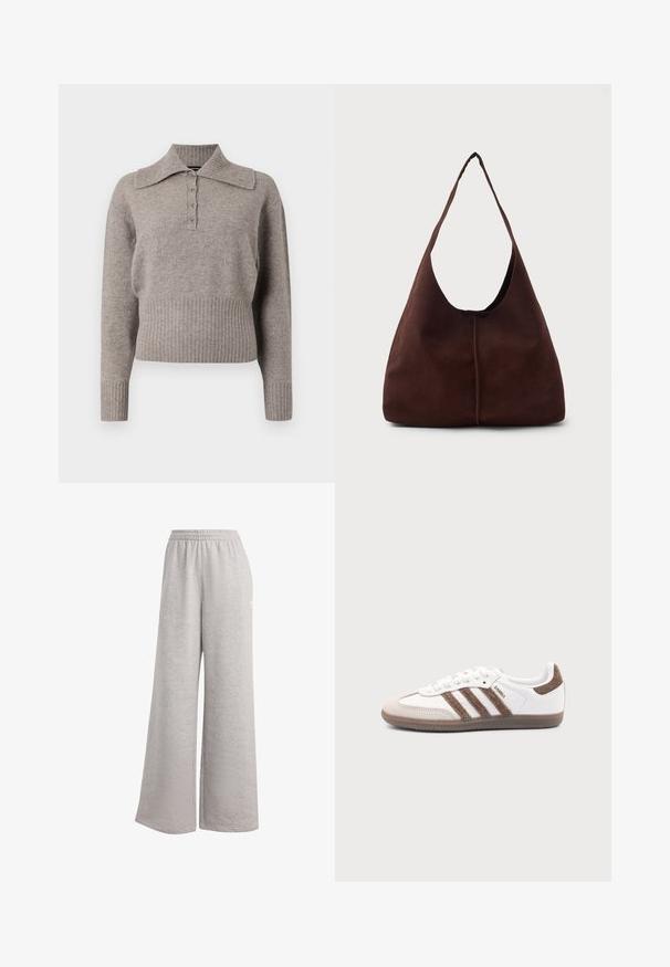 Suéter de punto gris claro con un cuello de camisa, cierre delantero de botones y ribetes en el dobladillo y los puños. Textura suave y diseño casual.; Pantalones de chándal gris claro con un corte holgado, cinturilla elástica y textura suave. Presenta un sutil logo en un lado. Diseño casual.; Zapatilla blanca Adidas Samba con franjas de ante marrón, suela de goma marrón y puntera de ante beige, vista desde el lado exterior sobre un fondo liso.; Bolso hobo de ante marrón con una gran apertura curvada y una amplia correa para el hombro. Presenta una costura centrada en la parte frontal. Textura suave.