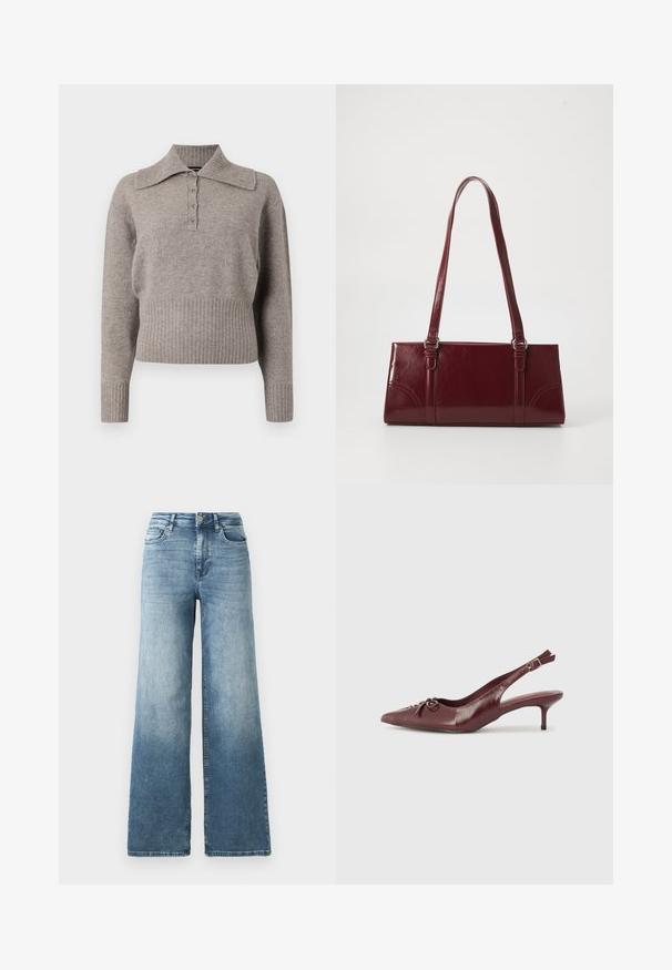 Suéter de punto gris claro con un cuello de camisa, cierre delantero de botones y ribetes en el dobladillo y los puños. Textura suave y diseño casual.; Jeans de denim de pierna ancha en lavado azul claro, con cintura alta, diseño de cinco bolsillos y un ligero desvanecimiento en la tela. Cierre clásico con botón de metal.; Tacón slingback de cuero burdeos con punta afilada, correa ajustable y detalle decorativo de lazo en la parte delantera. Altura del tacón de 3 pulgadas.; Bolso burdeos hecho de material brillante, de forma rectangular, con dos asas para el hombro y sutiles acentos curvados en la parte frontal.