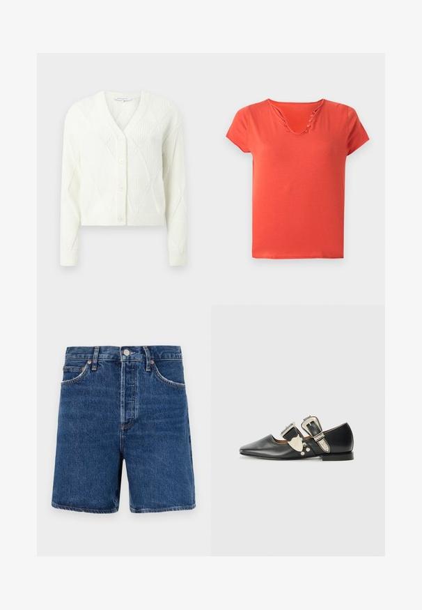 Cardigan blanc tricoté avec un col en V, fermeture à boutons et un motif en diamant texturé. Longueur courte avec des poignets et un ourlet côtelés.; T-shirt en coton corail à manches courtes avec un col en U et cinq boutons décoratifs le long du col, doté d'une texture douce et lisse.; Chino shorts en denim bleu foncé avec une coupe classique, comportant cinq poches, une fermeture à bouton et des détails de couture orange contrastants.; Chaussure plate en cuir noir avec un bout pointu, des accents de boucle en argent et des rivets décoratifs. Elle possède un petit talon et une texture lisse.