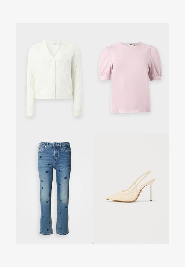 Strikket hvid cardigan med V-hals, knaplukning og struktureret diamantmønster. Kort længde med ribbede manchetter og kant.; Lyserosa kortærmet bluse med puffede ærmer og rund halsudskæring, vist på en hvid baggrund.; Lysblå denimjeans med lige ben, prydet med marineblå blomsterbroderi og slitageeffekter nær lommerne og kanten.; ALDO PEARLESCENT PILLOW WALK - Højhælede pumps - other white